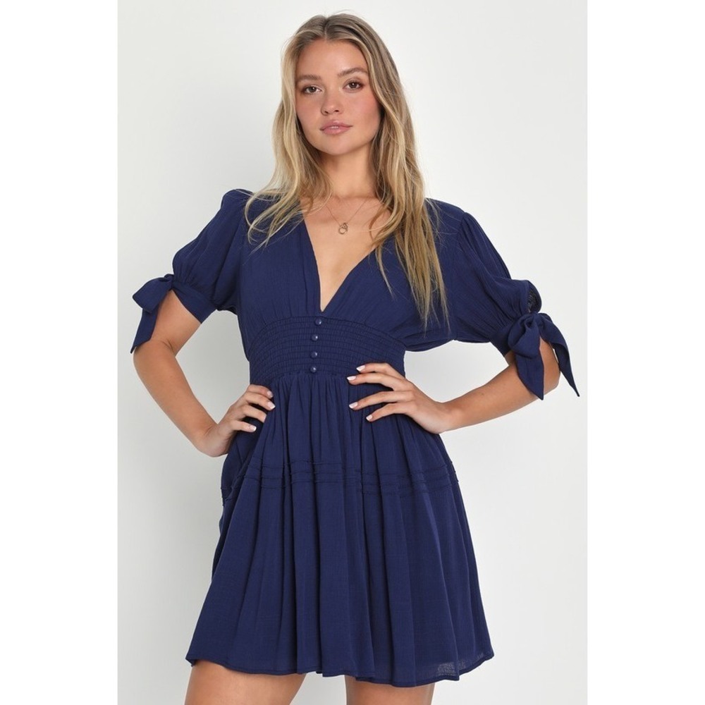 Sweetly Romantic Navy Blue Smocked V-Neck Mini Dress